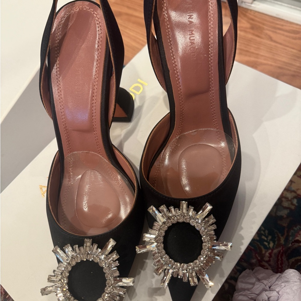 Amina Muaddi Black Satin Crystal-Embellished Slingback Pumps